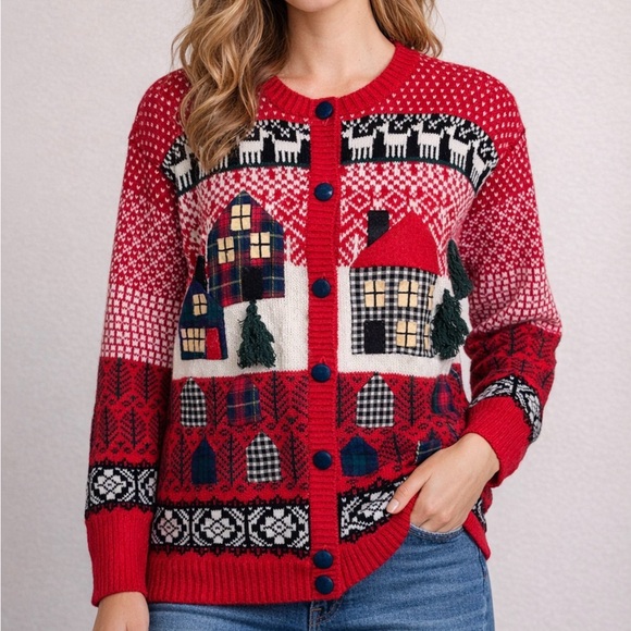 Susan Bristol Sweaters - Susan Bristol Vintage 1991 Women’s Size M Cabin Christmas Sweater Cardigan Isle